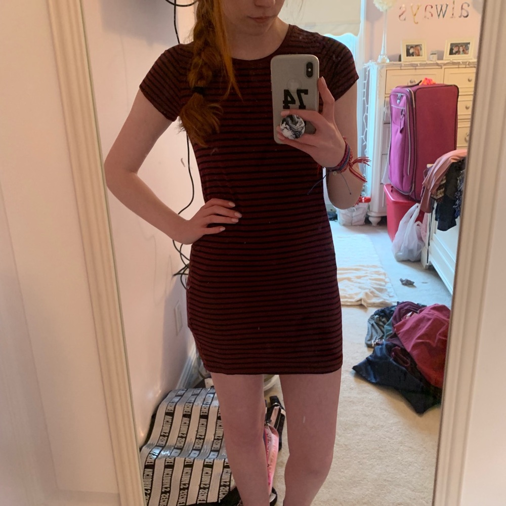 maroon and black striped t shirt dress